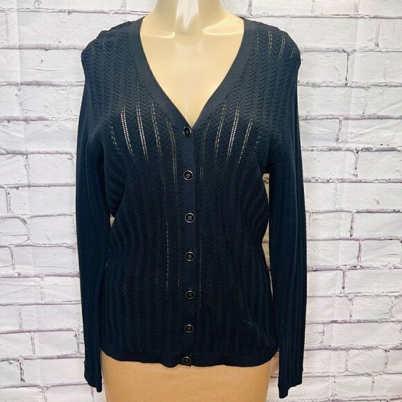 Talbots Womens Black Long Sleeves Button Front V-Neck Cardigan Sweater Medium - Picture 1 of 5